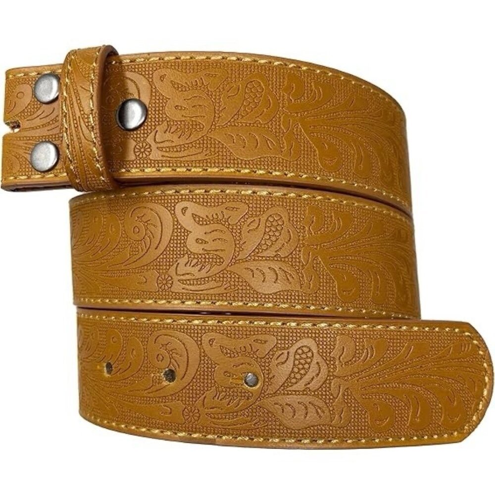 Western Style Tooled Genuine Leather Mens XXL Belt Removable Buckle Tan 1.5"